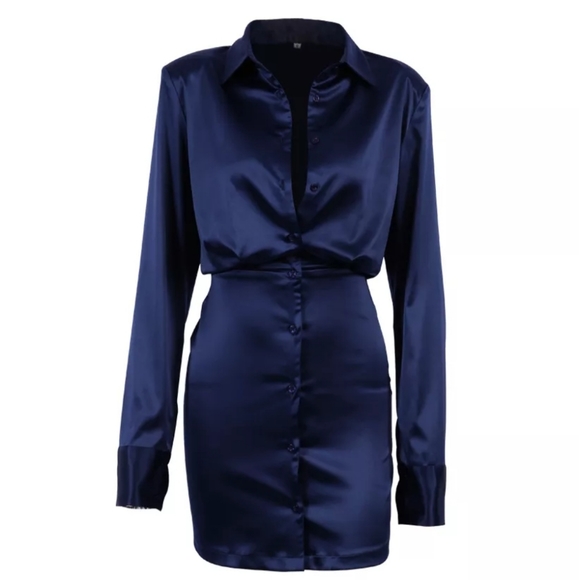 Sapphire Blue Long Sleeve Button Down Satin Effect Mini Dress - Picture 5 of 16